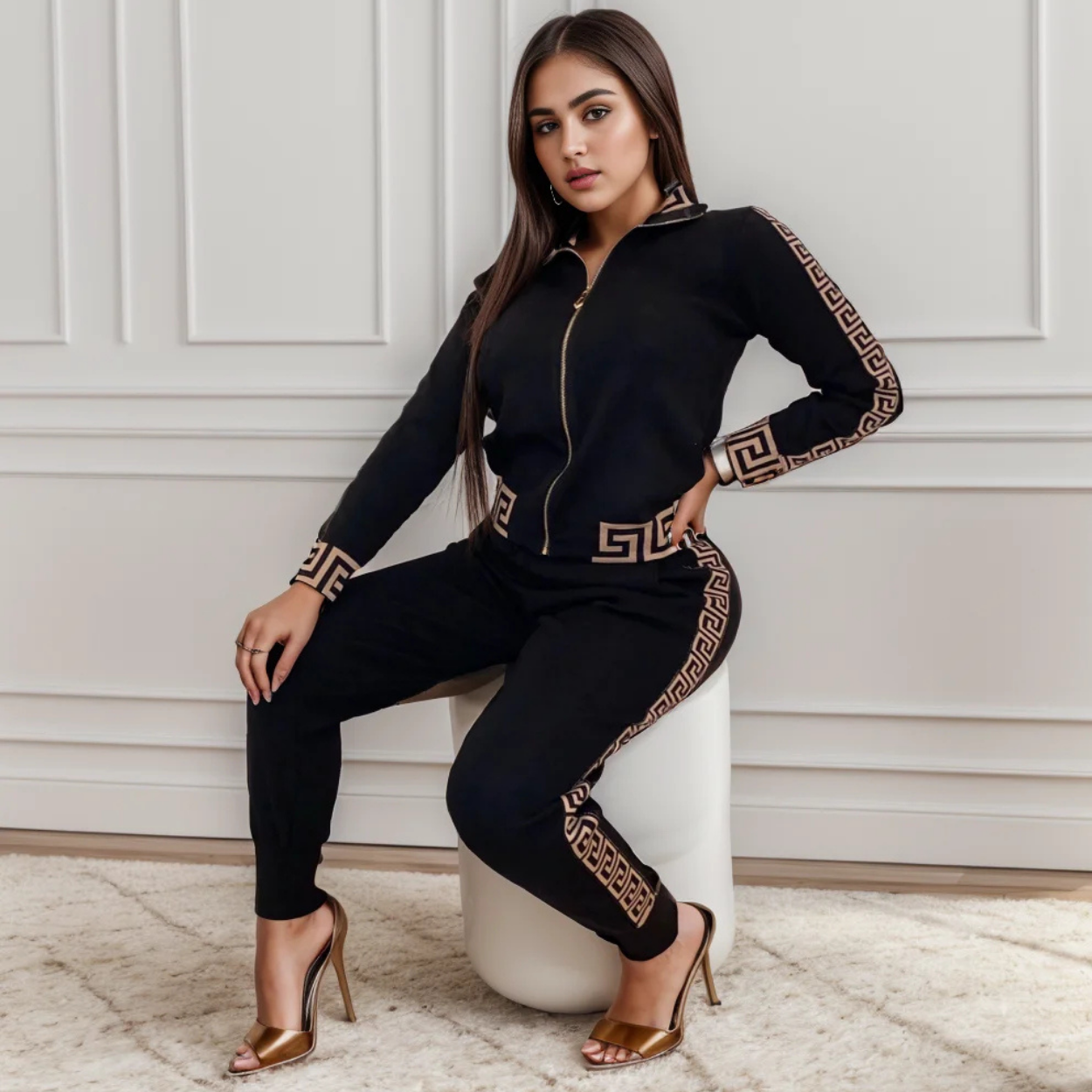 Casual Tracksuit Set with Elegant Greek Pattern