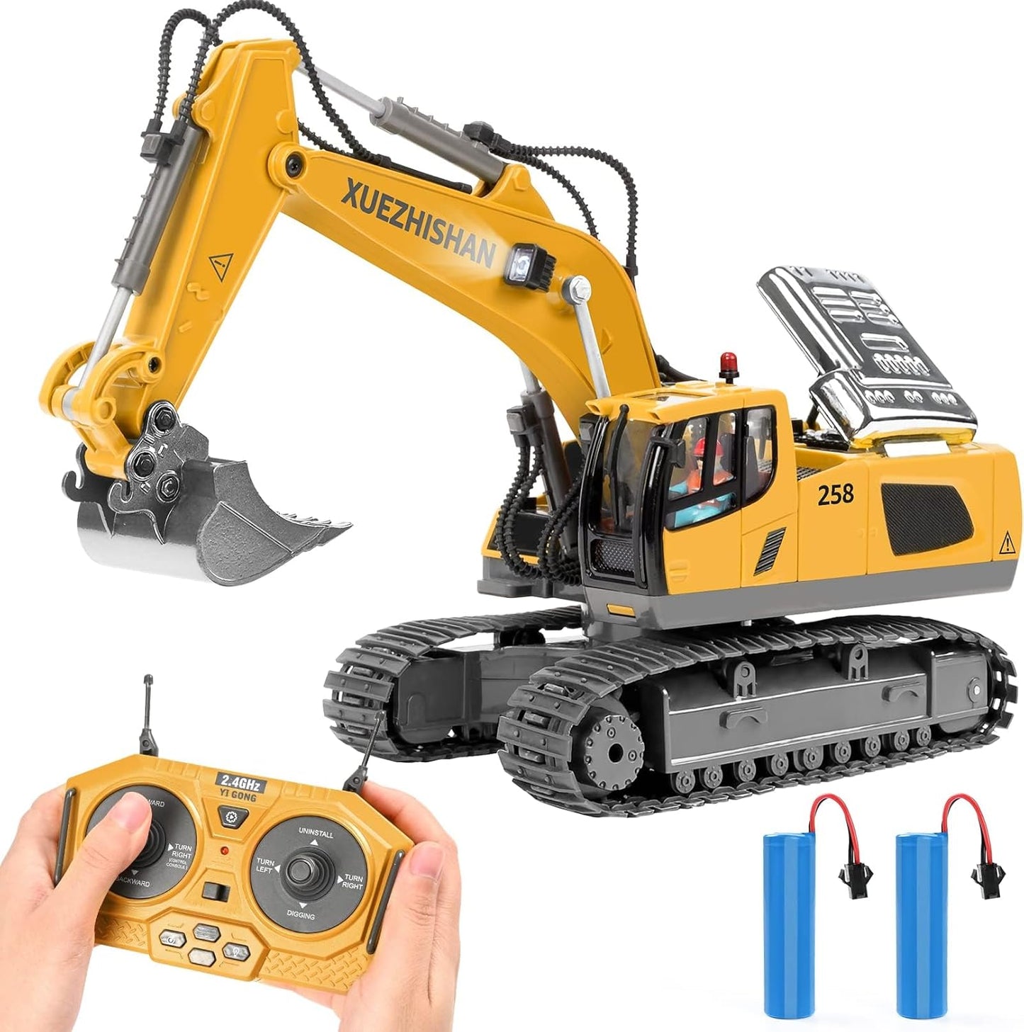 Remote Control Toy Excavator with 6 Wheels, Metal Shovel, and Sound Effects