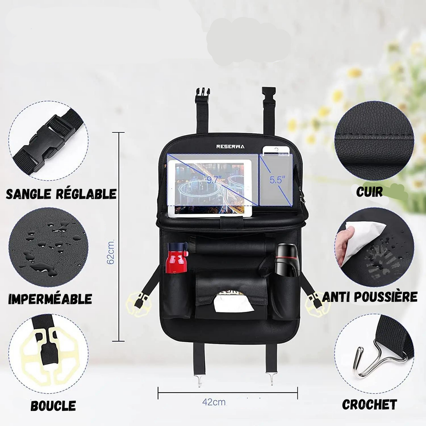 Car Seat Support with Foldable Leather Tray