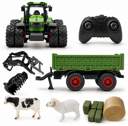 Children's Toy Remote-Controlled Tractor with Metal Trailer