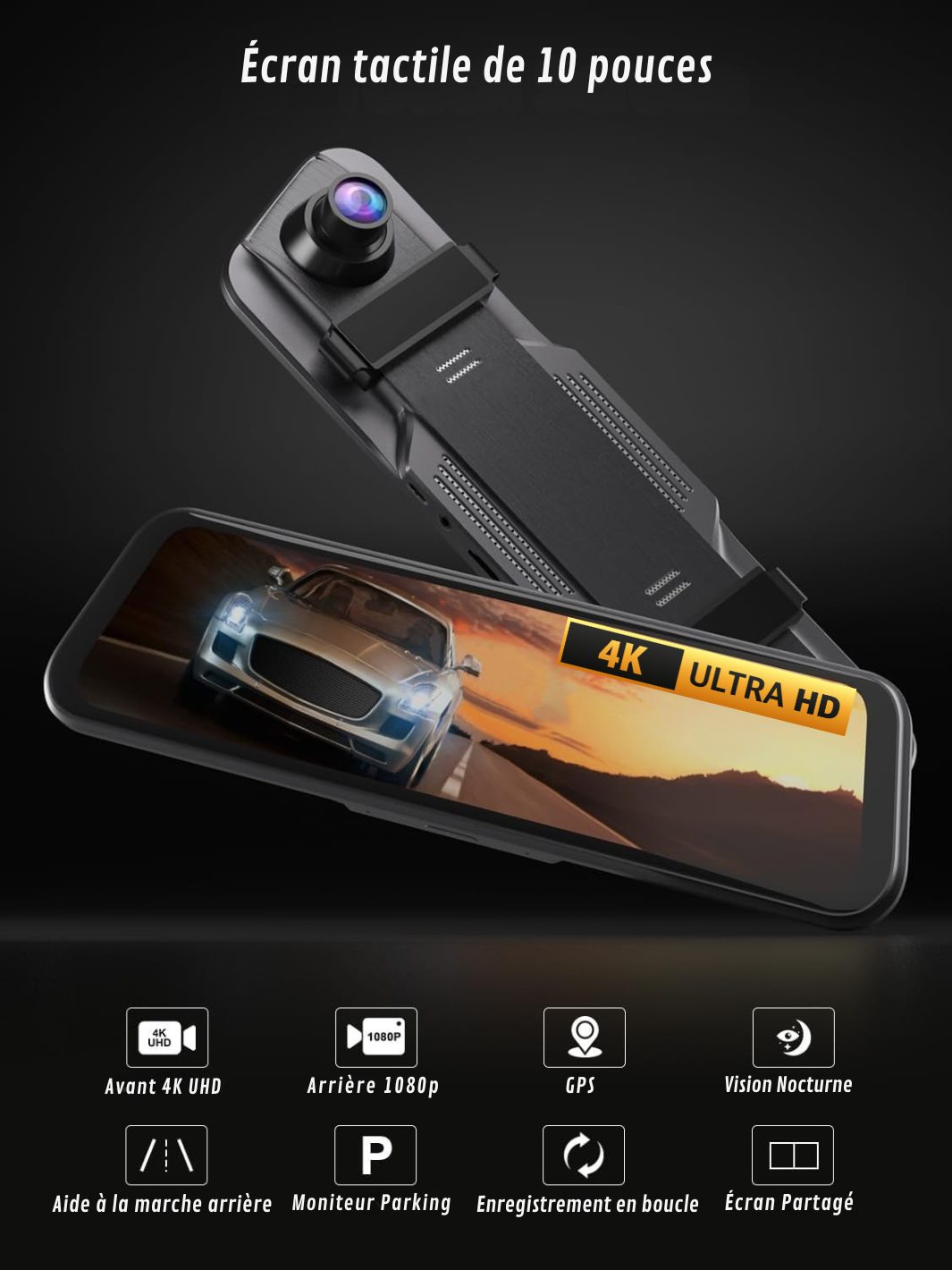 4K Front/Rear Mirror Camera with CarPlay and Recording